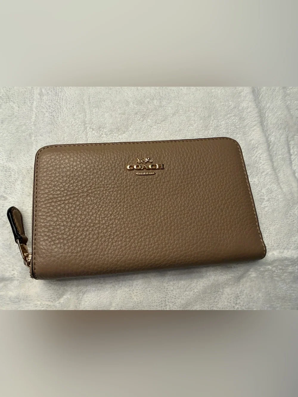 Coach Pebbled Leather Wallet in Taupe Brown with Gold Logo